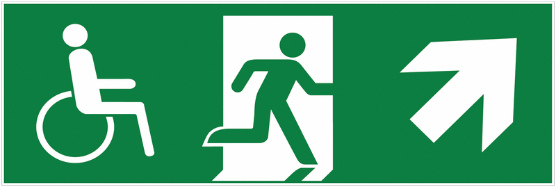 Notausgang-Richtungspfeil rechts schräg hoch mit Rollstuhl-Symbol - Mehrsymbol-Rettungszeichen barrierefrei, EN ISO 7010