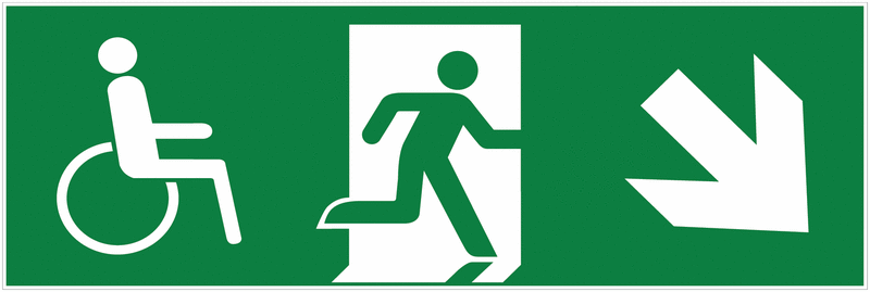 Notausgang-Richtungspfeil rechts schräg runter mit Rollstuhl-Symbol - Mehrsymbol-Rettungszeichen barrierefrei, EN ISO 7010