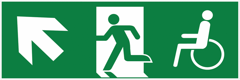 Notausgang-Richtungspfeil links schräg hoch mit Rollstuhl-Symbol - Mehrsymbol-Rettungszeichen barrierefrei, EN ISO 7010
