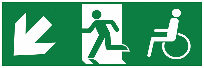 Notausgang-Richtungspfeil links schräg runter mit Rollstuhl-Symbol - Mehrsymbol-Rettungszeichen barrierefrei, EN ISO 7010