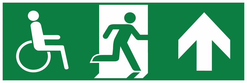 Notausgang-Richtungspfeil rechts hoch mit Rollstuhl-Symbol - Mehrsymbol-Rettungszeichen barrierefrei, EN ISO 7010