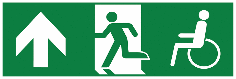 Notausgang-Richtungspfeil links hoch mit Rollstuhl-Symbol - Mehrsymbol-Rettungszeichen barrierefrei, EN ISO 7010