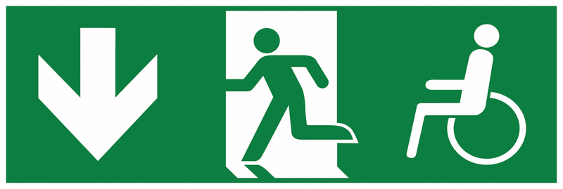 Notausgang-Richtungspfeil links runter mit Rollstuhl-Symbol - Mehrsymbol-Rettungszeichen barrierefrei, EN ISO 7010