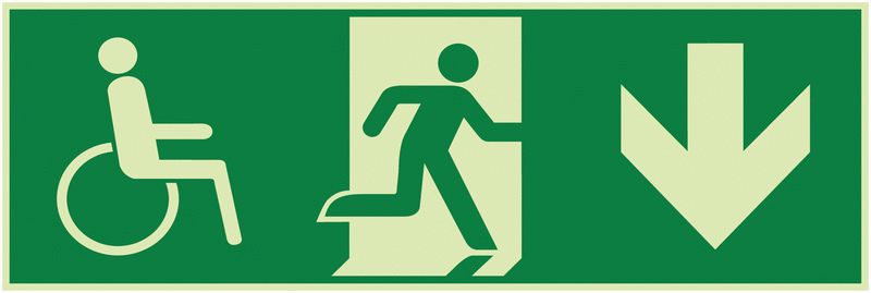 Notausgang-Richtungspfeil rechts runter mit Rollstuhl-Symbol - Mehrsymbol-Rettungszeichen barrierefrei, EN ISO 7010