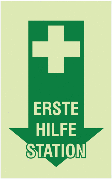 Erste-Hilfe-Station - Rettungszeichen-Deckendreiecke mit Text für Erste-Hilfe-Bereiche