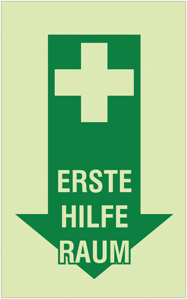 Erste-Hilfe-Raum - Rettungszeichen-Deckendreiecke mit Text für Erste-Hilfe-Bereiche