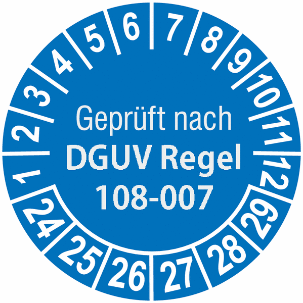 Prüfplaketten "Geprüft nach DGUV Regel 108-007" für Lagereinrichtungen und -geräte, SETON-Jahresfarben