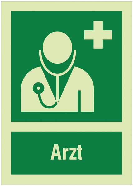 XTRA-GLO Arzt - Erste-Hilfe-Hinweisschild mit Symbol und Text, EN ISO 7010