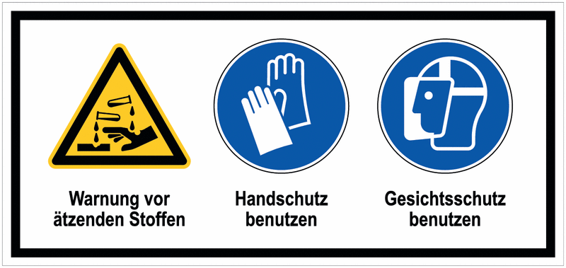 Ätzend/Handschutz/Gesichtsschutz - Mehrsymbolschilder mit 3 Symbolen, magnetisch, EN ISO 7010
