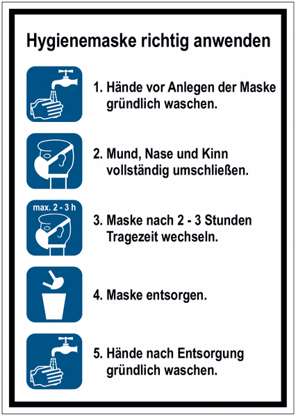 Hygienemaske richtig anwenden - Aushang für allgemeine Hygieneregeln mit Piktogrammen