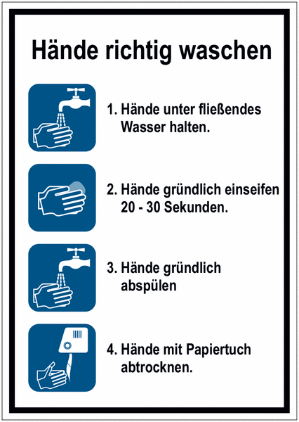 Hände richtig waschen - Aushang für allgemeine Hygieneregeln mit Piktogrammen