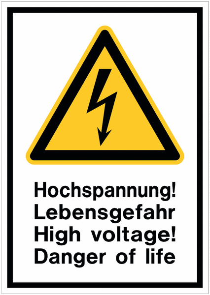 Hinweisschilder mit Gefahrzeichen "Hochspannung! High voltage!" nach EN ISO 7010
