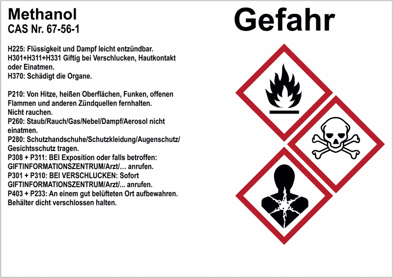 Methanol - Gefahrstoffetiketten zur internen Verwendung, GHS/CLP