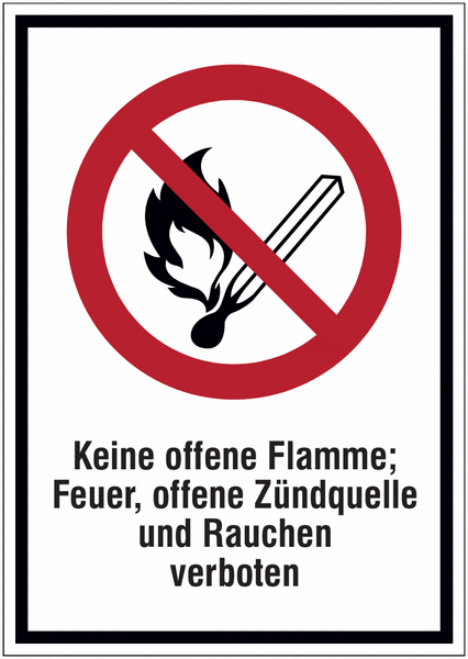 Hinweisschilder mit Verbotszeichen "Keine offene Flamme; Feuer, offene Zündquelle und Rauchen verboten" nach EN ISO 7010
