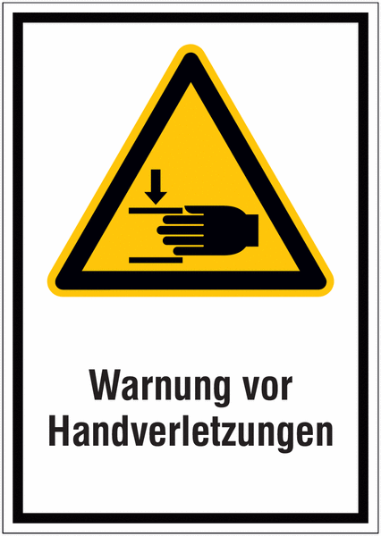Hinweisschilder mit Gefahrzeichen "Warnung vor Handverletzungen" nach EN ISO 7010
