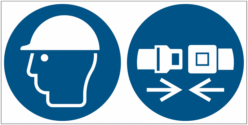 Kopfschutz/Rückhaltesystem benutzen - Mehrsymbolschilder, EN ISO 7010