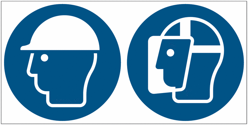 Kopfschutz/Gesichtsschutz benutzen - Mehrsymbolschilder, EN ISO 7010