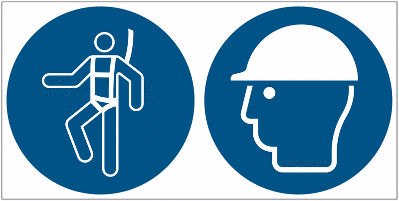 Auffanggurt/Kopfschutz benutzen - Mehrsymbolschilder, EN ISO 7010