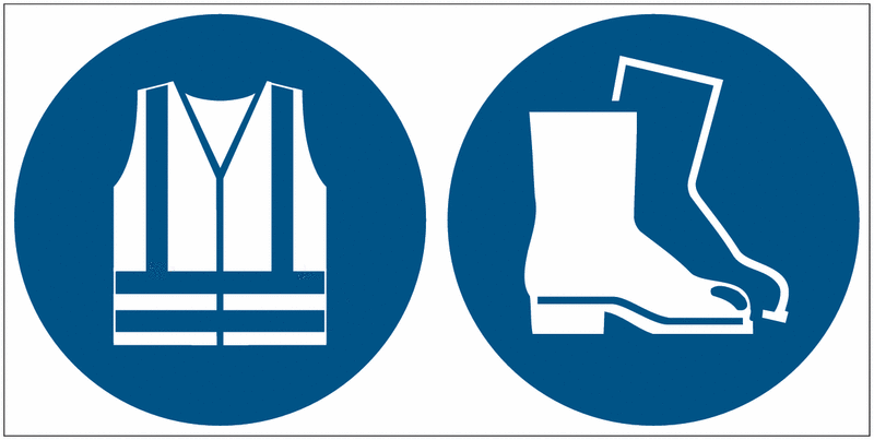 Warnweste/Fußschutz benutzen - Mehrsymbolschilder, EN ISO 7010