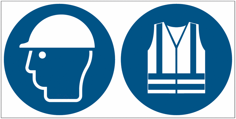 Kopfschutz/Warnweste benutzen - Mehrsymbolschilder, EN ISO 7010