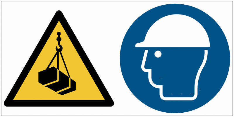Schwebende Last/Kopfschutz benutzen - Mehrsymbolschilder, EN ISO 7010