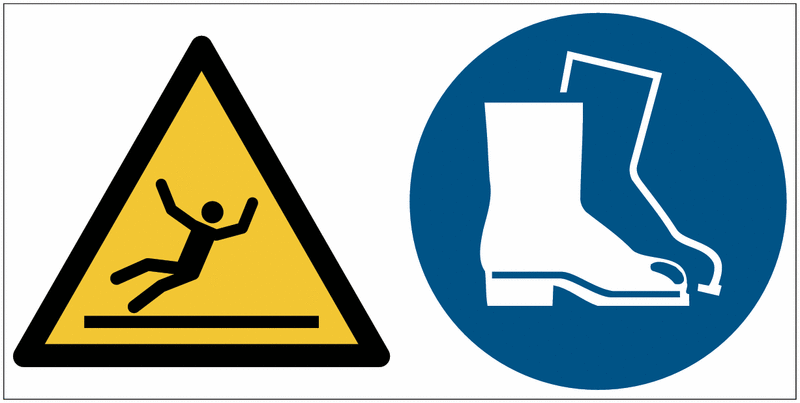 Warnung vor Rutschgefahr/Fußschutz benutzen - Mehrsymbolschilder, EN ISO 7010