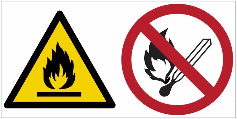 Feuergefährliche Stoffe/Keine offene Flamme; etc - Mehrsymbolschilder, EN ISO 7010