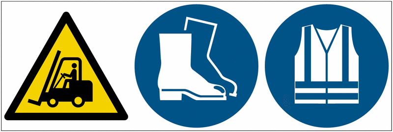 Flurförderzeuge/Fußschutz/Warnweste benutzen - Mehrsymbolschilder, EN ISO 7010
