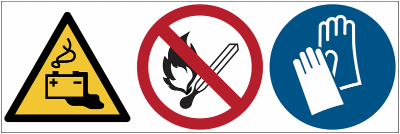 Warnung vor Batterien/Keine offene Flamme;etc/Handschuhe benutzen - Mehrsymbolschilder, EN ISO 7010