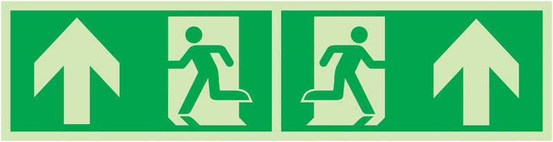 Notausgang Pfeile außen, nach oben - Rettungszeichen-Kombi-Symbole als Fahnen-, Winkel-, Deckenschilder, EN ISO 7010