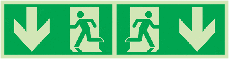 Notausgang Pfeile außen, nach unten - Rettungszeichen-Kombi-Symbole als Fahnen-, Winkel-, Deckenschilder, EN ISO 7010
