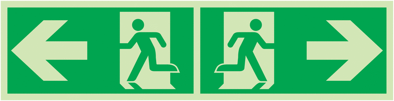 Notausgang Pfeile außen, zur Seite - Rettungszeichen-Kombi-Symbole als Fahnen-, Winkel-, Deckenschilder, EN ISO 7010