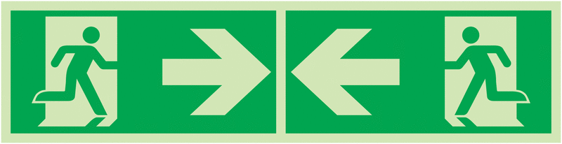 Notausgang Pfeile innen, zur Seite - Rettungszeichen-Kombi-Symbole als Fahnen-, Winkel-, Deckenschilder, EN ISO 7010