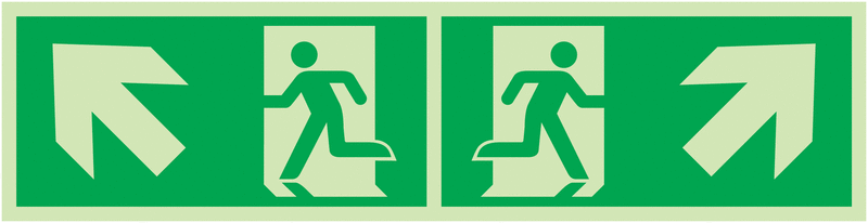 Notausgang Pfeile außen, schräg nach oben - Rettungszeichen-Kombi-Symbole als Fahnen-, Winkel-, Deckenschilder, EN ISO 7010