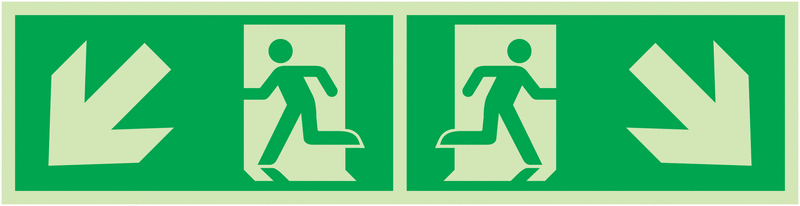 Notausgang Pfeile außen, schräg nach unten - Rettungszeichen-Kombi-Symbole als Fahnen-, Winkel-, Deckenschilder, EN ISO 7010