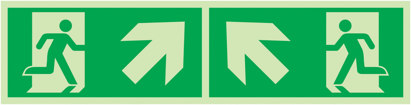 Notausgang Pfeile innen, schräg nach oben - Rettungszeichen-Kombi-Symbole als Fahnen-, Winkel-, Deckenschilder, EN ISO 7010