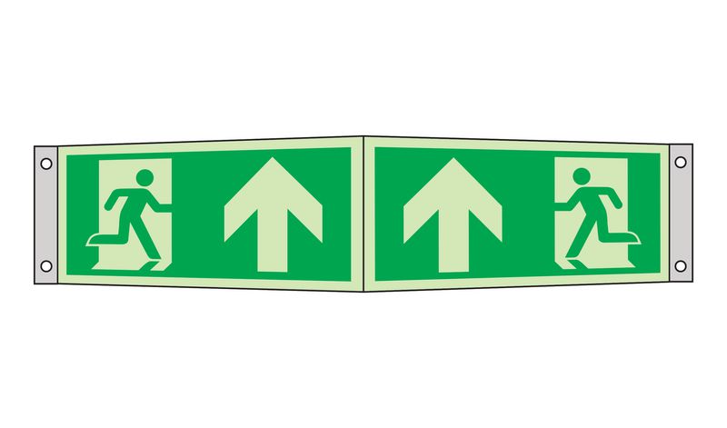 Notausgang Pfeile innen, nach oben - Rettungszeichen-Kombi-Symbole als Fahnen-, Winkel-, Deckenschilder, EN ISO 7010