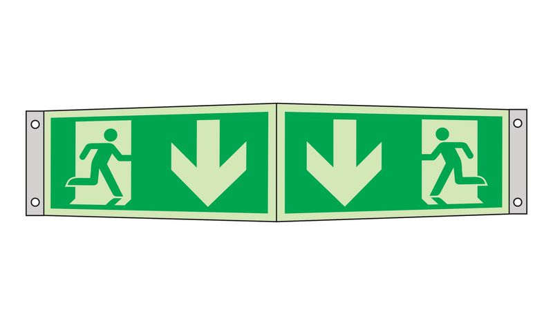 Notausgang Pfeile innen, nach unten - Rettungszeichen-Kombi-Symbole als Fahnen-, Winkel-, Deckenschilder, EN ISO 7010