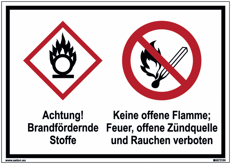 Brandfördernde Stoffe/Keine Flamme - Mehrsymbolschilder, GHS/CLP, EN ISO 7010