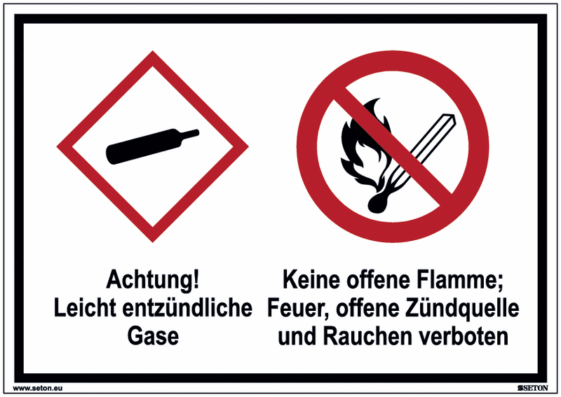 Leicht entzündliche Gase/Keine Flamme - Mehrsymbolschilder, GHS/CLP, EN ISO 7010