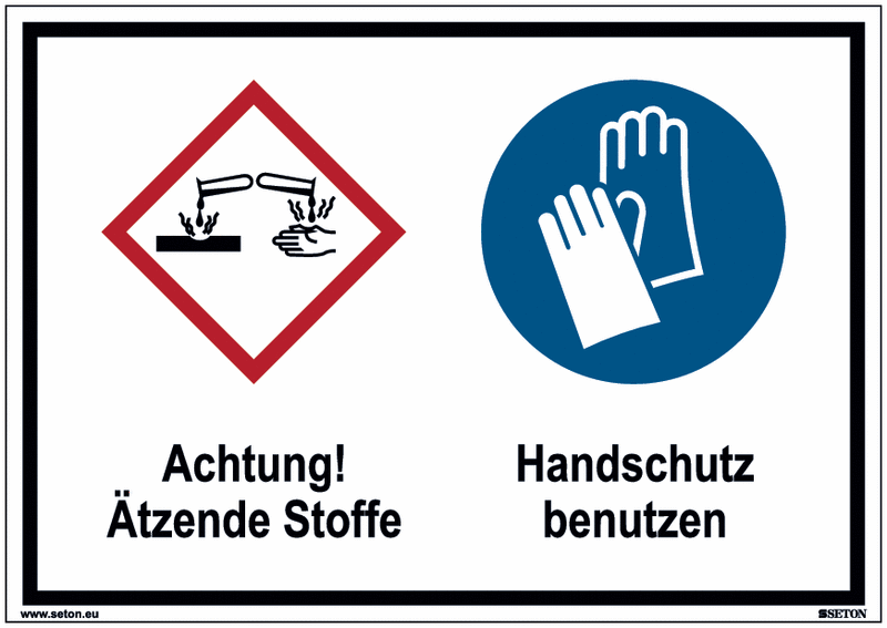 Ätzende Stoffe/Handschutz benutzen - Mehrsymbolschilder, GHS/CLP, EN ISO 7010
