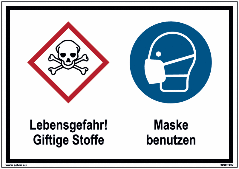 Giftige Stoffe/Maske benutzen - Mehrsymbolschilder, GHS/CLP, EN ISO 7010