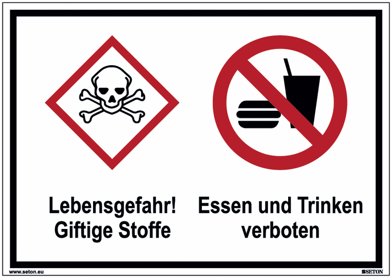 Giftige Stoffe/Essen und Trinken verboten - Mehrsymbolschilder, GHS/CLP, EN ISO 7010