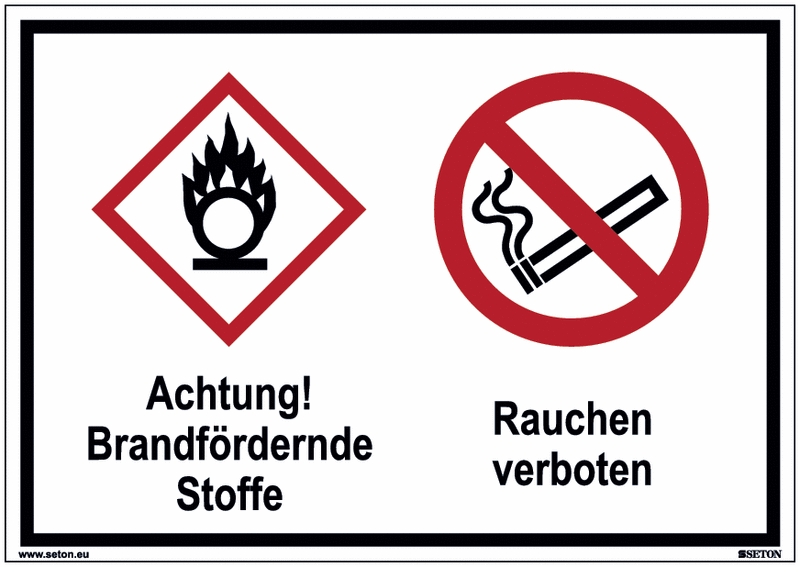 Brandfördernde Stoffe/Rauchen verboten - Mehrsymbolschilder, GHS/CLP, EN ISO 7010