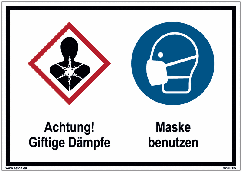 Giftige Dämpfe/Maske benutzen - Mehrsymbolschilder, GHS/CLP, EN ISO 7010
