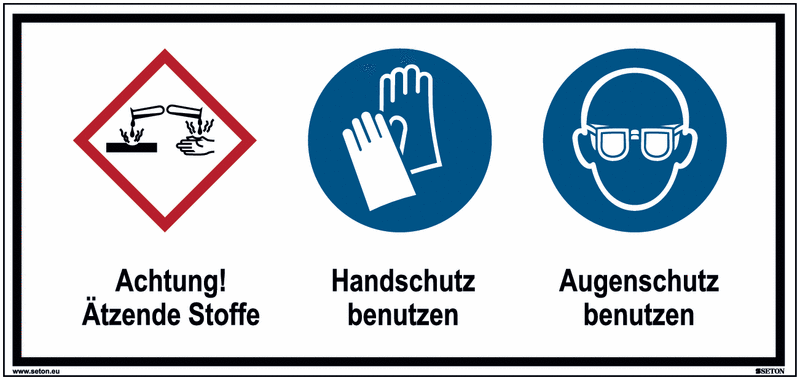 Ätzende Stoffe/Hand-/Augenschutz benutzen - Mehrsymbolschilder, GHS/CLP, EN ISO 7010