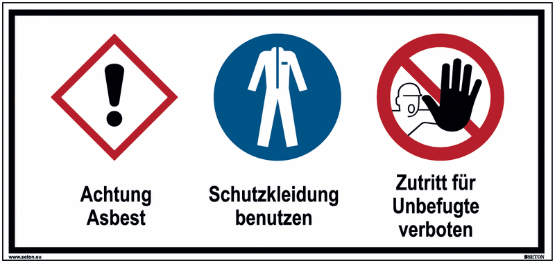 Asbest/Schutzkleidung/Zutritt verboten - Mehrsymbolschilder, GHS/CLP, EN ISO 7010
