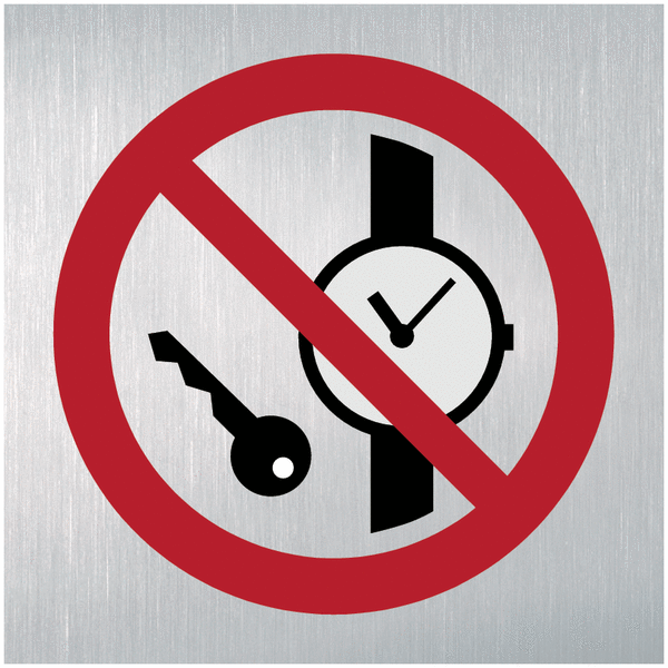 Mitführen von Metallteilen oder Uhren verboten - Maschinenkennzeichnung, EN ISO 7010