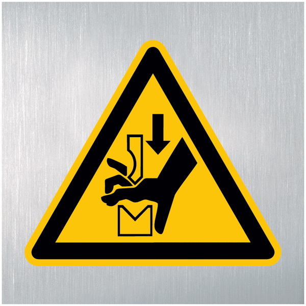 Warnung vor Quetschgefahr der Hand zwischen den Werkzeugen einer Presse - Maschinenkennzeichnung, EN ISO 7010