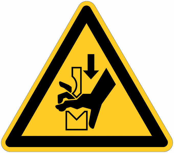 Warnzeichen "Warnung vor Quetschgefahr der Hand zwischen Werkzeugen einer Presse" nach EN ISO 7010